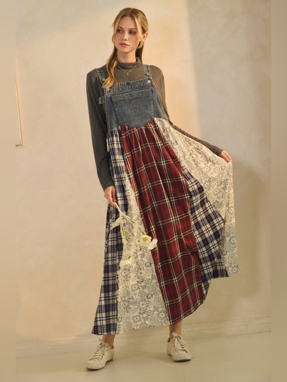 Oddi Patchwork Plaid & Floral Maxi Jumper Dress Denim Bib, Red & Navy Plaid NWT